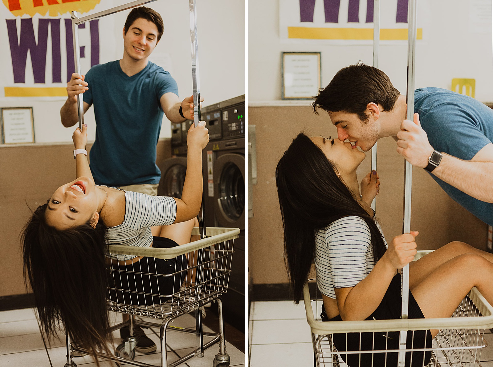 Cute Couple in Laundromat Cart Engagement Photos taken by Kansas City Engagement Photographer, Caitlyn Cloud Photography