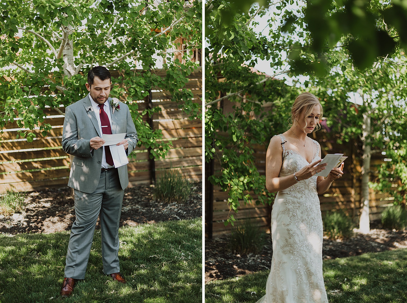Bride and groom reading letters from Kansas City Wedding at The Guild Photographed by Caitlyn Cloud Photography