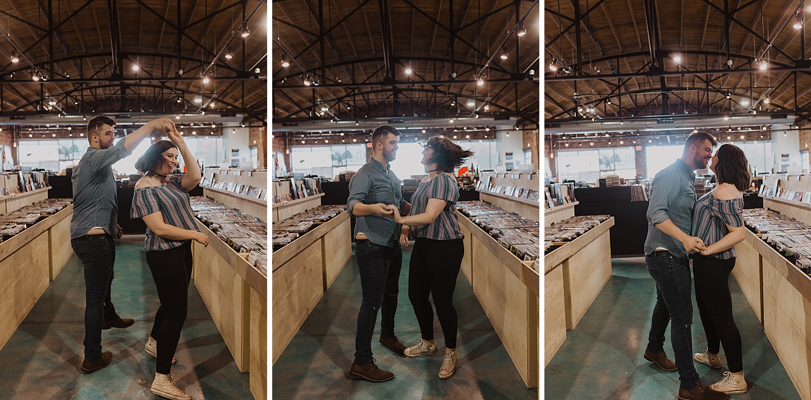 Candid casual non traditional engagement photos at Kansas record store Josey Records by Caitlyn Cloud Photography
