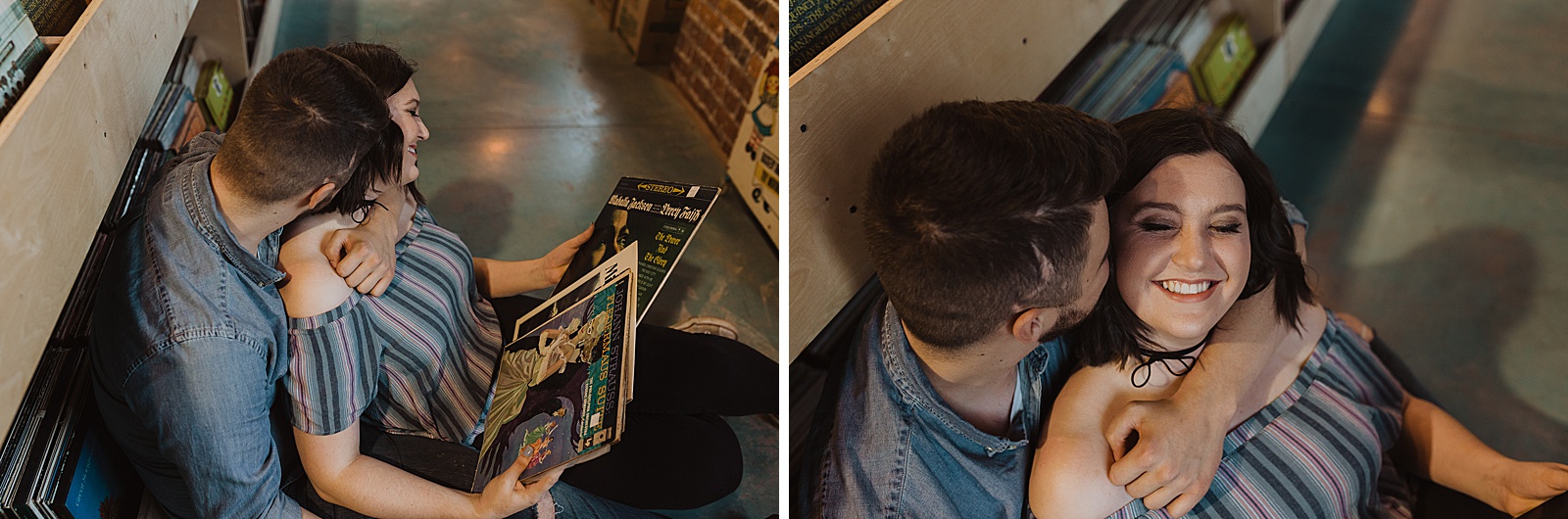 Candid casual non traditional engagement photos at Kansas record store Josey Records by Caitlyn Cloud Photography