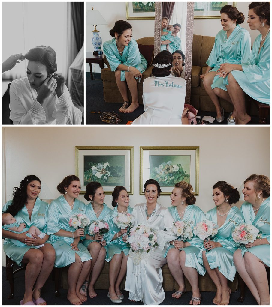 Bride and bridesmaids getting ready in blue robes