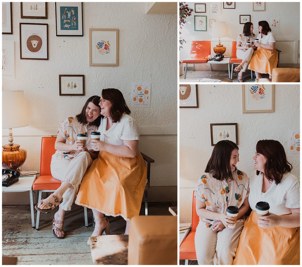 LGBTQ couple, engagement photos at a coffee shop in Parkville, MO.