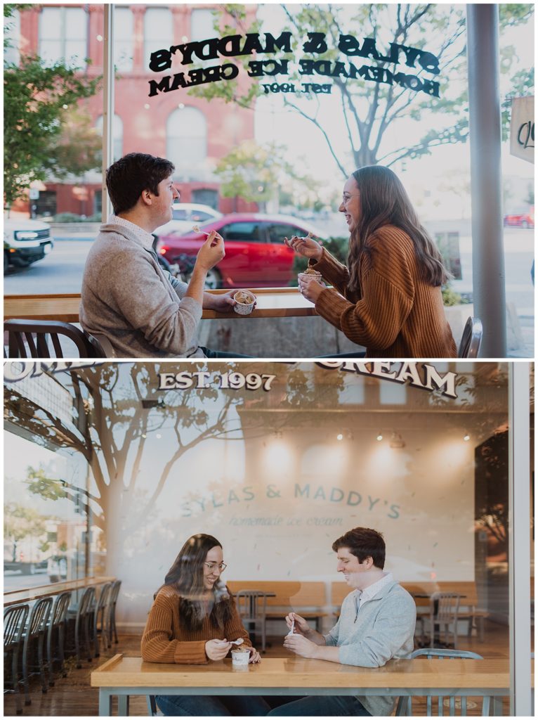 Lawrence Kansas Engagement Photos with ice cream at Sylas and Maddy's Homemade Ice Cream