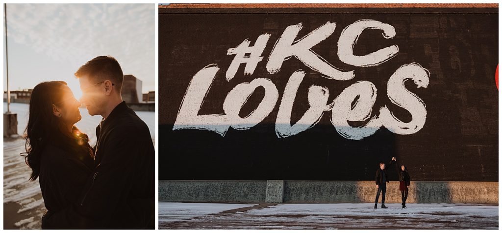 engaged couple in downtown Kansas City standing in front of KC Loves Mural KC murals engagement session