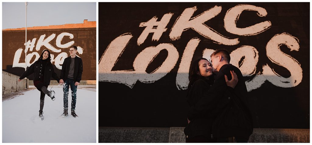 engaged couple in downtown Kansas City standing in front of KC Loves Mural KC murals engagement session