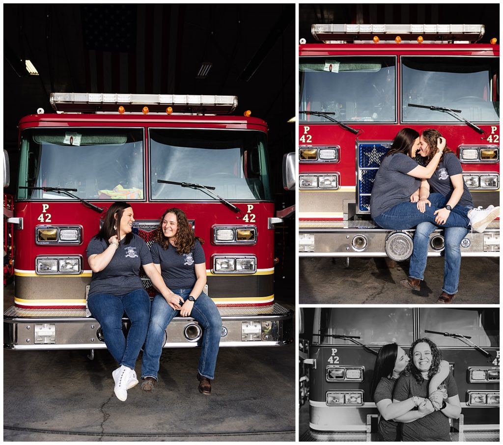 fire fighter engagement session LBGTQ couple with fire truck