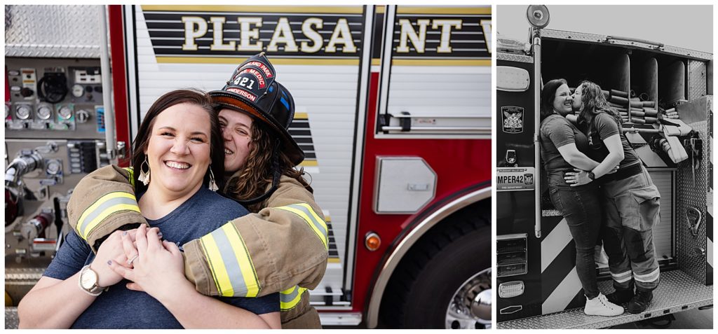 fire fighter engagement session LBGTQ couple with fire truck