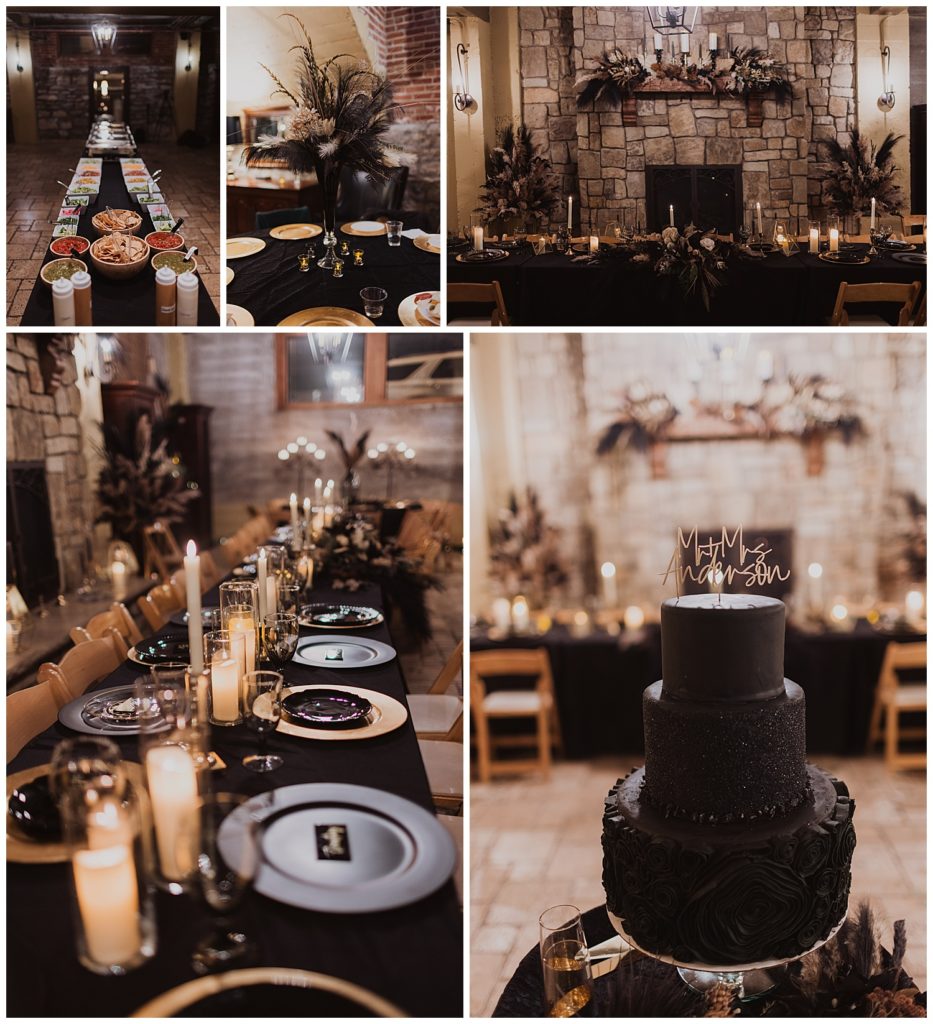 wedding reception set up at Cellar 222, theme is black and gold