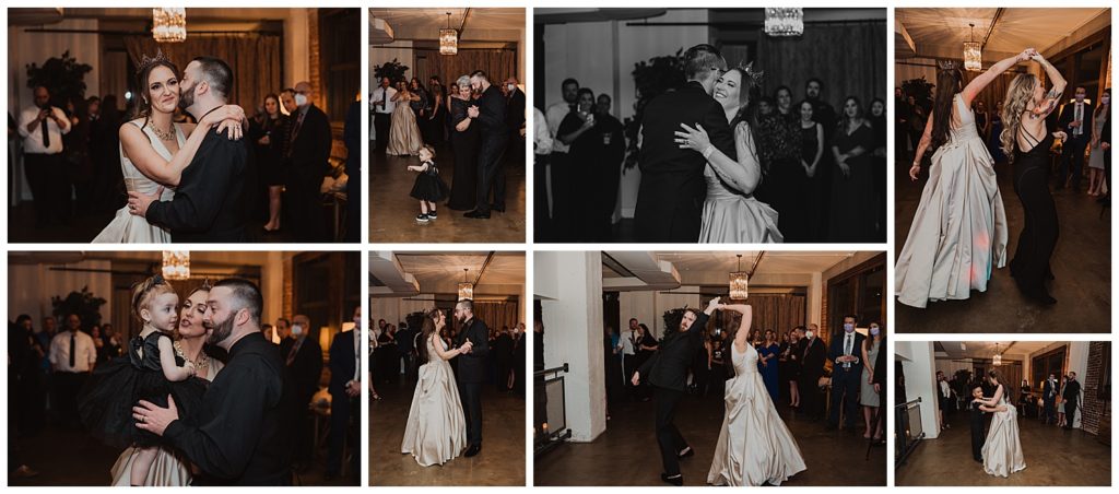 first dance between bride and groom, bride and her siblings, and groom and his mom at Cellar 222