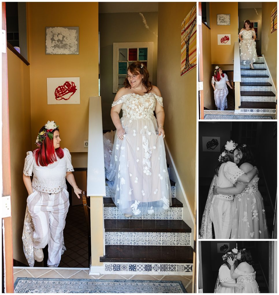 LGBTQ backyard wedding, first look on the stairs
