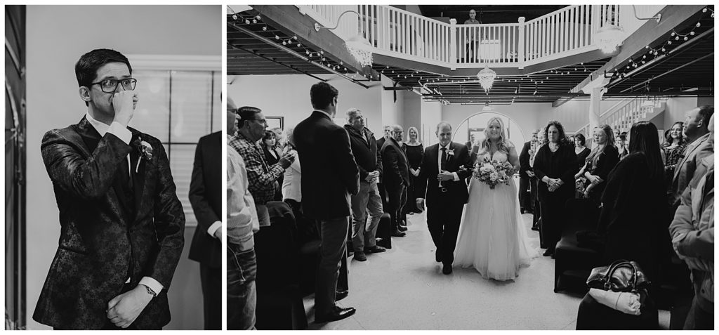 bride walking down aisle and groom crying when he sees her for the first time, wedding in plattsburg, missouri