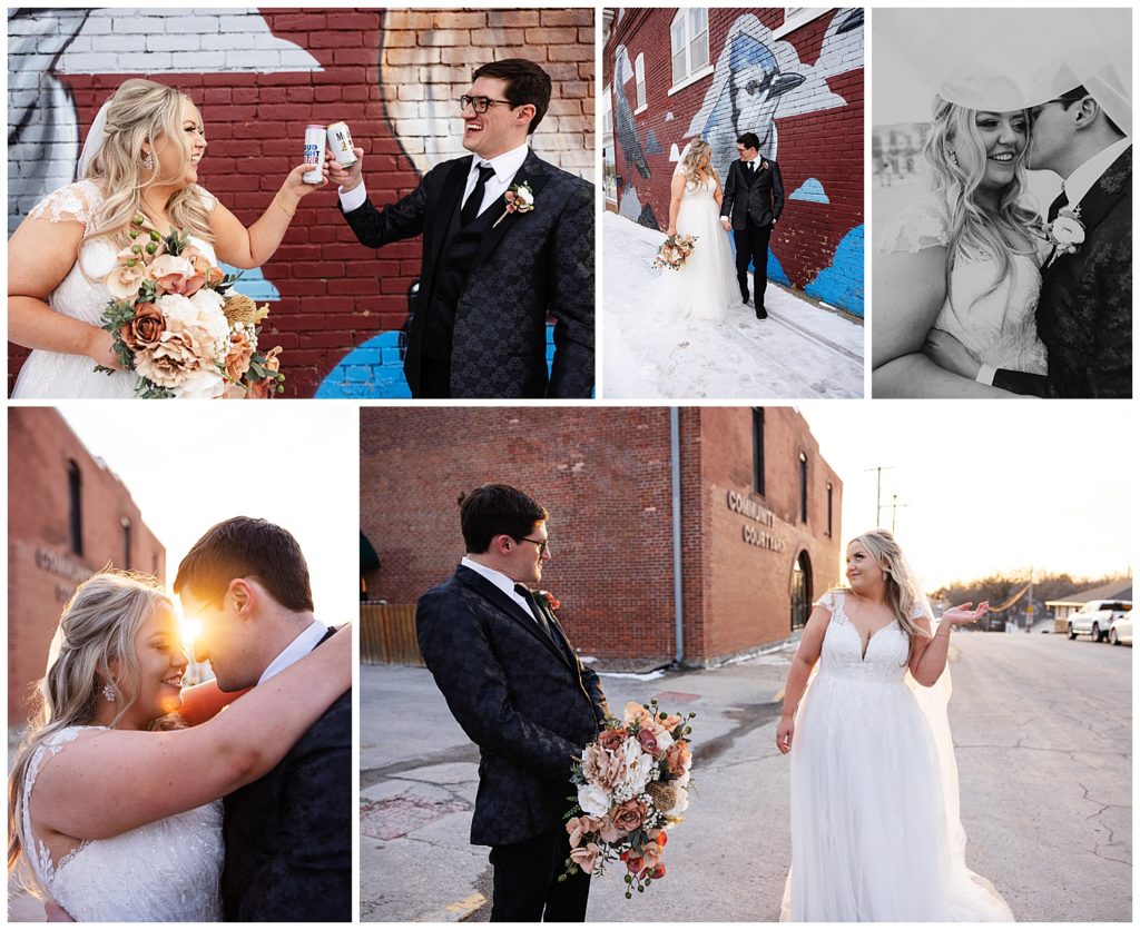 bride and groom couples photos at sunset at their winter wedding in plattsburg missouri