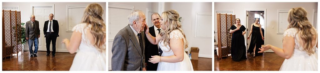 bride sharing a first look with her dad and grandpa before wedding in Plattsburg missouri