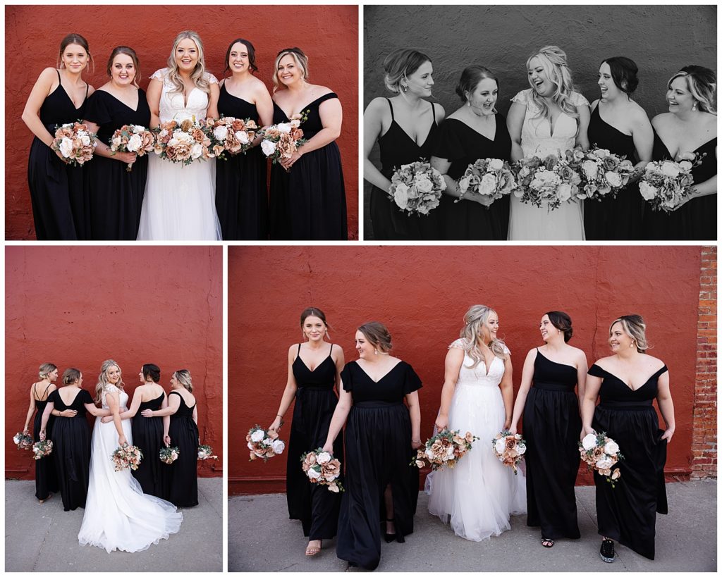 bride and bridesmaid photos in front of a red brick wall