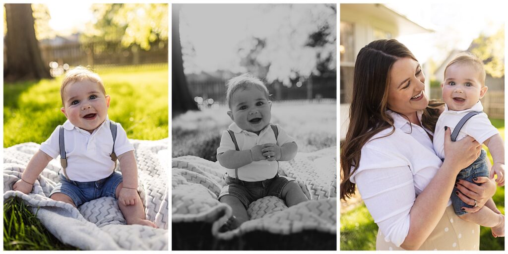 3 separate photos of a 6 month old baby boy with his mom and on a blanket in the grass during a documentary family photo session