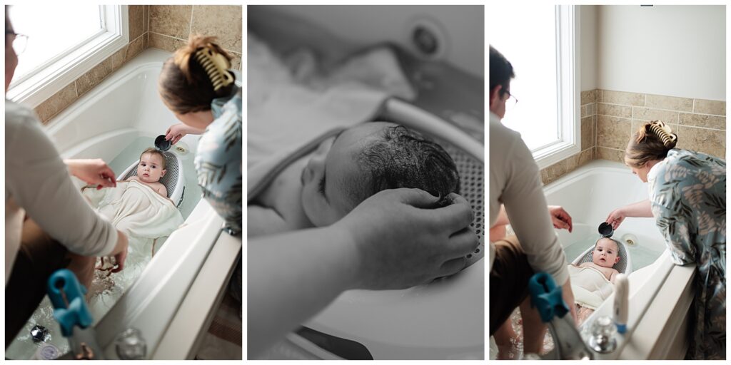 Mom and dad giving baby a bath during documentary family photos