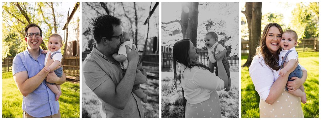 4 photos. Two color photos of dad holding 6 month old baby boy and mom holding the baby. Two black and white photos of them hugging him or lifting him up.