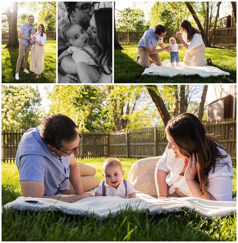 Family of three on a blanket in the backyard