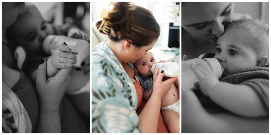 Baby feeding from a bottle in mom's arms during documentary family photos