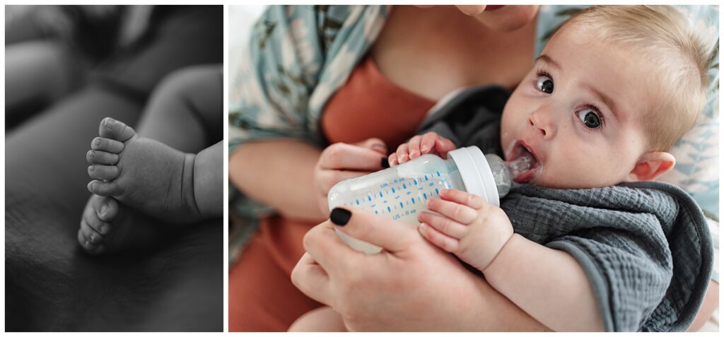 Baby feeding from a bottle in mom's arms during documentary family photos