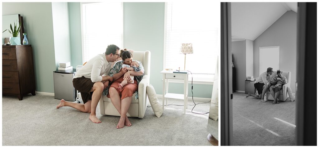 Baby feeding from a bottle in mom's arms with dad crouched next to them during documentary family photos