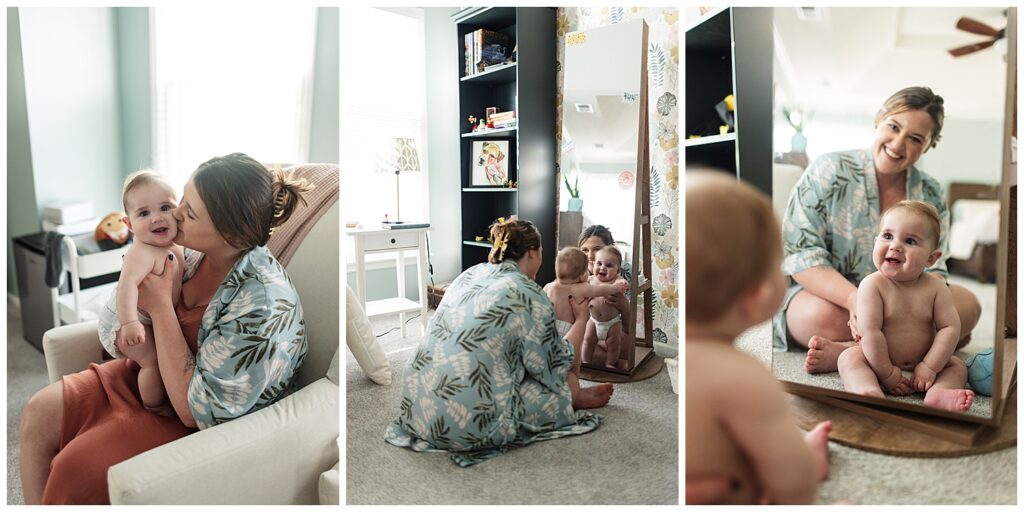 Mom and baby looking in a full length mirror during documentary family photos