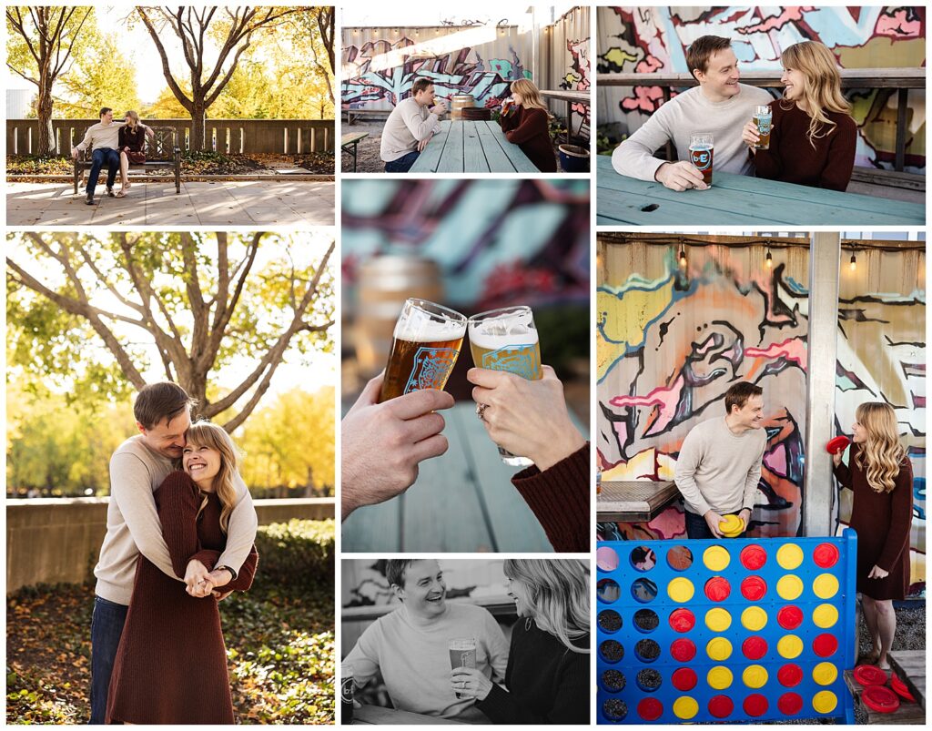 3 Steps to Plan Authentic Documentary-Style Engagement Photos. A collage of 7 photos from an engagement session with a cishet couple. Two photos are outside during fall with yellow leafs in the trees. The remaining photos are at Brewery Emporial in Kansas City. The couple holds their beers and plays giant connect 4.